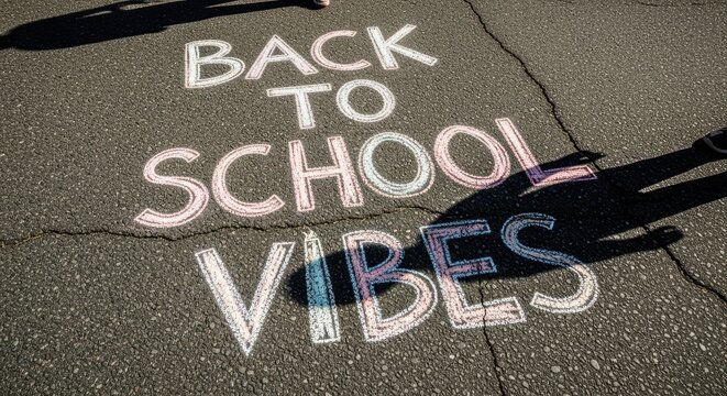 Back to school vibes written in chalk on asphalt with shadows and sunlight isolated on transparent background