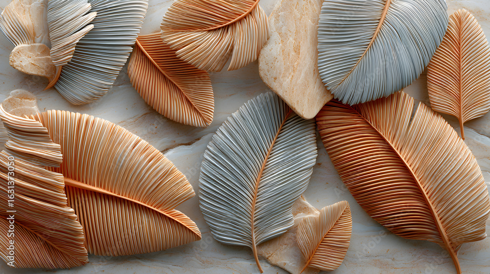 Poster close-up of a collection of patterned feathers with intricate details, showcasing earthy tones and t