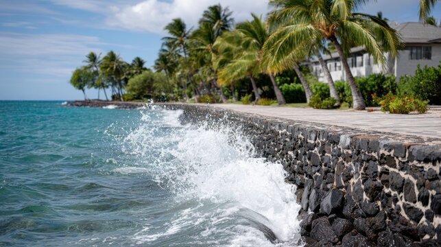 Ocean waves crashing against a rock wall, with palm trees and buildings in the background, on a sunny day.