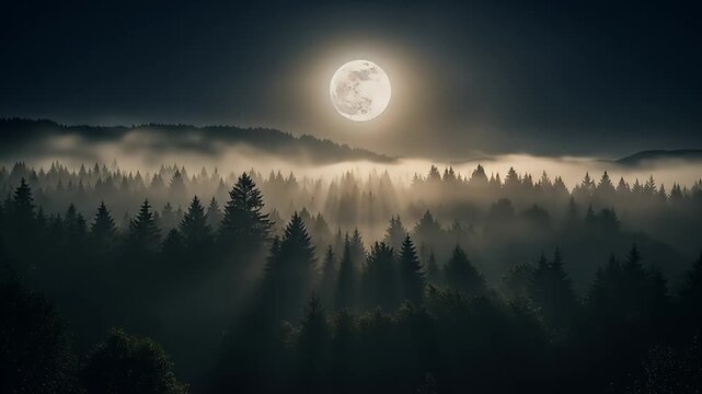 Full Moon Over Foggy Forest at Night