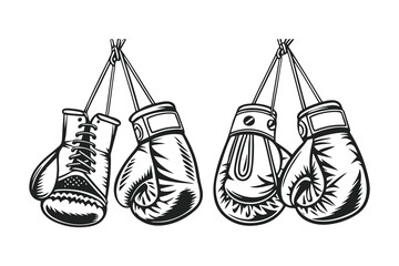 Hand-drawn sketch of hanging boxing gloves. Black and white sports equipment illustration isolated on white background.