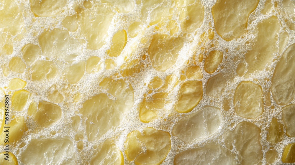Poster refreshing bubbly yellow liquid with bright translucent elements and sparkling effervescence