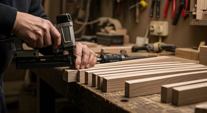 Skilled woodworker using a nail gun on wood pieces in a carpentry workshop