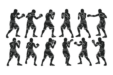 Set of boxer silhouettes in various fighting poses. Vector icons of a fighter for gym, combat sports logo, or fitness design.