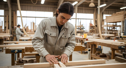 Focused Young Woodworker Applying Adhesive in a Bright Carpentry Workshop