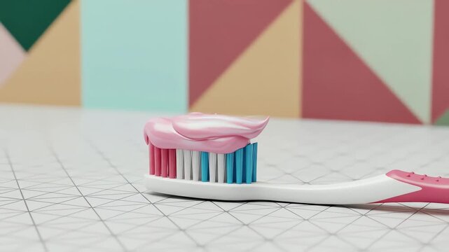 Pink Toothpaste on Toothbrush Against Geometric Background