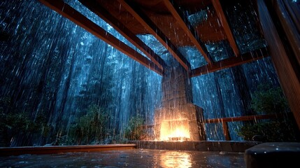 Rainy evening by a fireplace