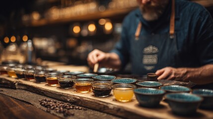 Barista preparing coffee samples for tasting session