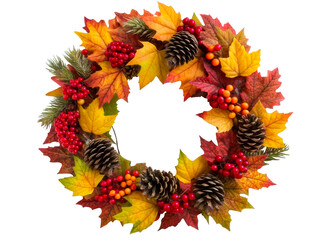 Autumn wreath with colorful leaves and pinecones