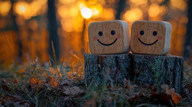 Two happy wooden blocks on a tree stump at sunset