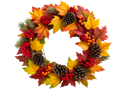 Autumn wreath with colorful leaves and pinecones