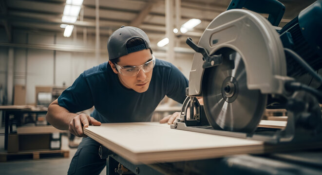 Focused Woodworker Operating Power Saw in a Busy Workshop