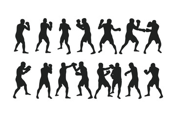 Set of boxer silhouettes in various fighting poses. Vector icons of a fighter for gym, combat sports logo, or fitness design.