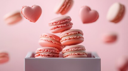 Fototapeta premium Macarons in heart shape in gift box isolated on pink background,events,aniversary festival gift set,french macaron cookies,trendy 2025,couple valentine Romantic love or pastry shop.