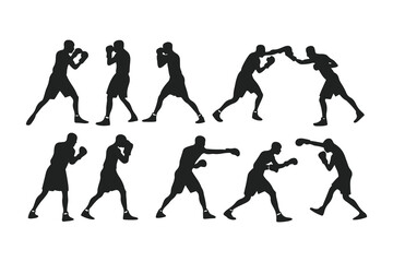 Set of boxer silhouettes in various fighting poses. Vector icons of a fighter for gym, combat sports logo, or fitness design.