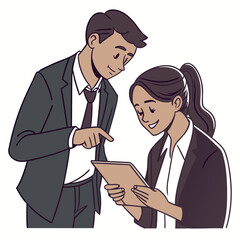Vector art of business people collaborating on a tablet in an office setting