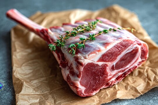 Tomahawk Lamb Steak with Fresh Herbs on Butcher Paper, A Savory Culinary Presentation Delight