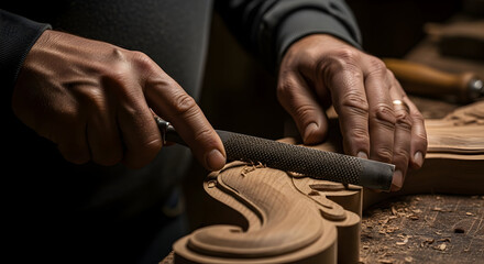 Skilled woodworker meticulously shaping wood with a rasp, showcasing traditional craftsmanship and detail in a close-up shot.