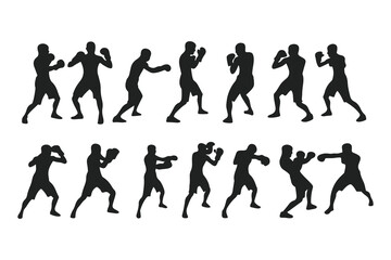 Set of boxer silhouettes in various fighting poses. Vector icons of a fighter for gym, combat sports logo, or fitness design.
