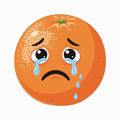 Crying orange fruit emoji with teardrops. An isolated vector cartoon illustration of a sad citrus character with a sorrowful expression.