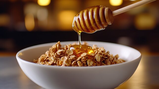 Drizzling golden honey onto crunchy granola in a white bowl for a healthy breakfast. - Powered by Adobe
