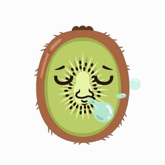 A cute and funny cartoon kiwi character with a sleepy face. The tired fruit is sighing or blowing a snot bubble, an isolated vector illustration.