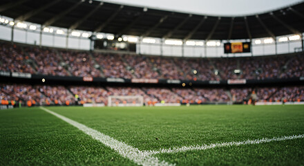 Fototapeta premium Vibrant Green Soccer Stadium Pitch with Corner Line, Blurred Crowd & Goal - Sports Arena Ready for Match