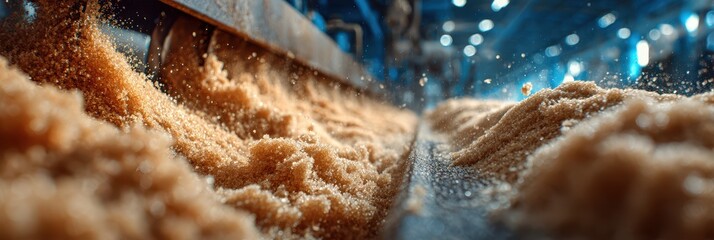 Sugar production process in a modern factory showcasing raw sugar flowing on conveyor belt