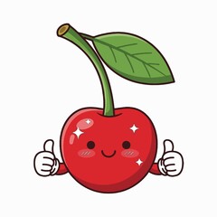 Adorable smiling red cherry character giving two thumbs up, cute kawaii fruit mascot with a happy face.