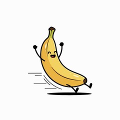 Playful and energetic banana character illustration, a cute and happy fruit mascot running with joy on a white background.