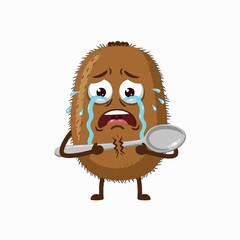 A miserable cartoon kiwi fruit mascot holding a spoon and crying with big tears, feeling sad and afraid on a white background.