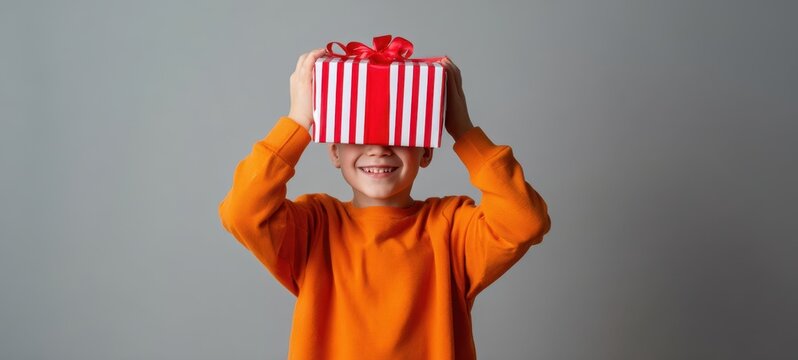 The joyful boy holding a wrapped present with a beaming smile.
