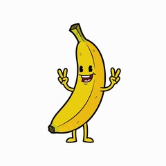 A cheerful cartoon banana character mascot with a happy face giving the peace sign gesture.