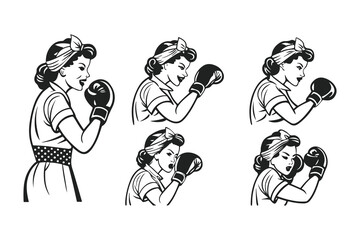 Vintage pin-up girl boxer illustration. Retro tattoo style drawing of a strong woman for gym logo, t-shirt design, or girl power emblem.