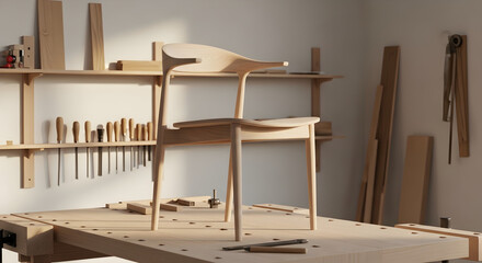 Expert Woodworker's Craft: Beautifully Designed Wooden Chair in a Bright Studio Workshop