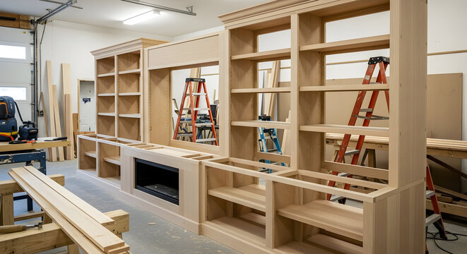Woodworker's Craft: Unfinished Custom Built-in Bookshelves and Fireplace Cabinetry Project in a Workshop