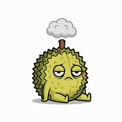 A funny cartoon illustration of a sad and smelly durian fruit, an exotic tropical character with a gloomy expression.