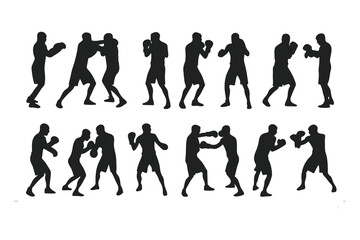 Obraz premium Set of boxer silhouettes in various fighting poses. Vector icons of a fighter for gym, combat sports logo, or fitness design.