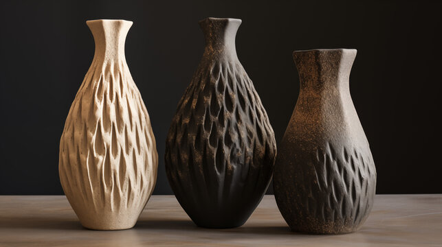 textured white and black handmade vases created of ceramics or stone isolated on black background, minimalistic art concept	
