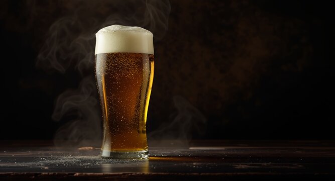 Cold Glass of Beer with Frothy Head and Condensation