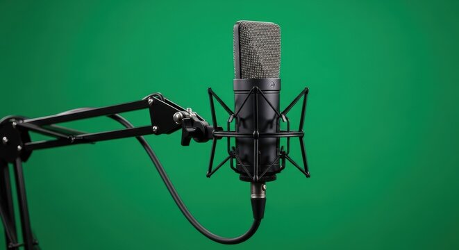 Professional condenser microphone on a boom arm stand in front of a green screen