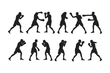 Set of boxer silhouettes in various fighting poses. Vector icons of a fighter for gym, combat sports logo, or fitness design.