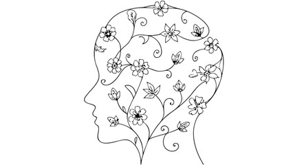 Outline of a human head filled with floral elements and vine like structures in black and white style
