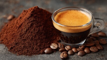 Sample of espresso beside fresh coffee grounds
