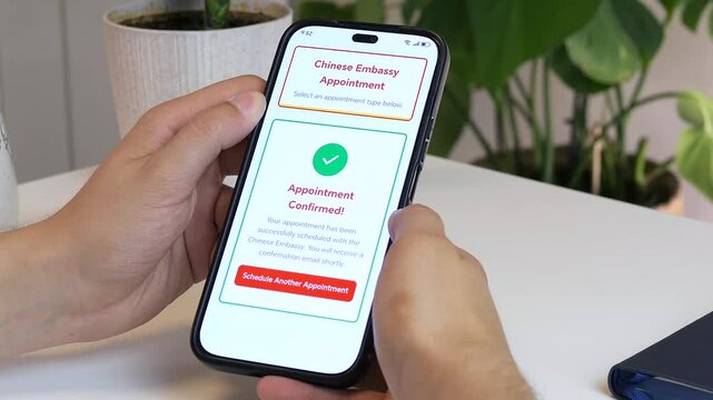 Male hands on the phone press the button to sign up for a visa, after which a notification appears about a successful sign up at the embassy. Sign up at the Chinese embassy, registration of visa