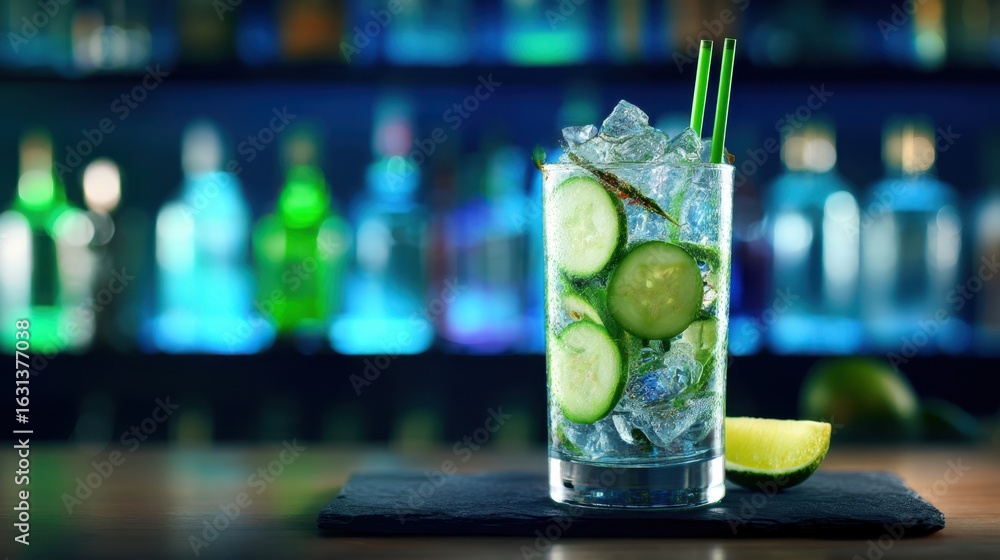 Poster The refreshing cocktail garnished with lime and cucumber on a bar countertop.
