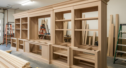 Detailed Custom Woodworking: Unfinished Built-in Cabinet in a Woodworker's Workshop