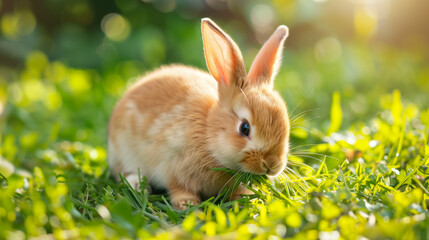 Baby rabbit eating grass outdoor on sunny summer day. Easter bunny in garden. Home pet for kid. Cute pets and animals for family with children