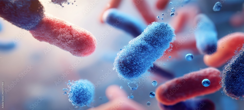 Poster the colorful representation of bacteria in a microscopic environment.