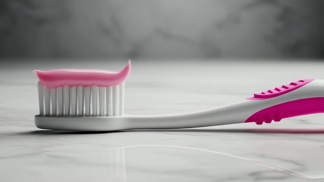 Close-up of Toothbrush with Pink Toothpaste on Marble